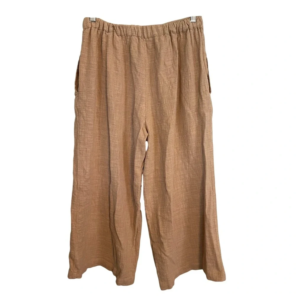 Free People Tan Textured Cotton Wide Leg Pants Twisted Waist Boho Small